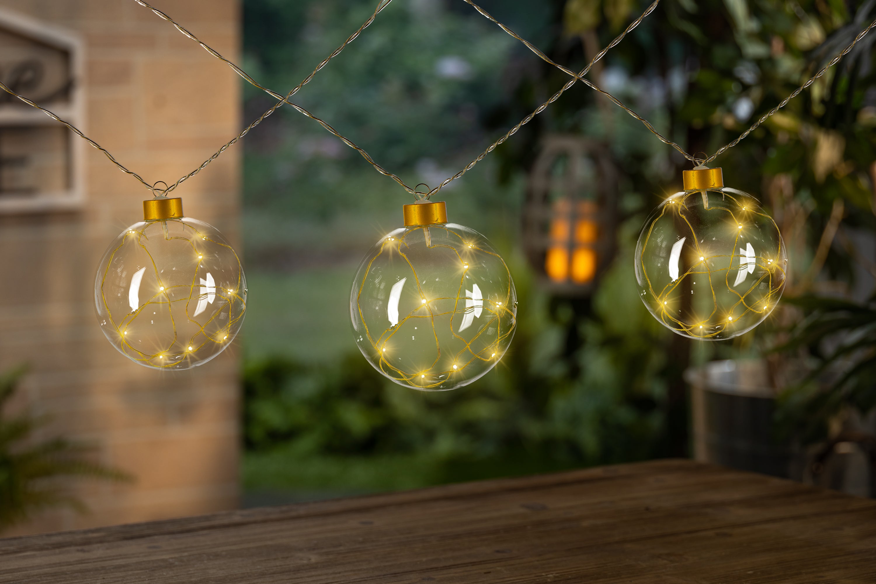 Glass Christmas Ornament Garland with Gold String Lights